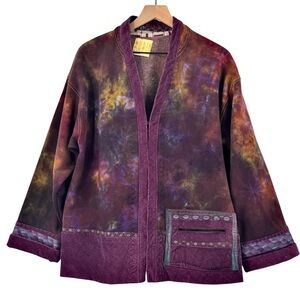 Handmade Tie Dye Lagenlook Cardigan Sweatshirt Kimono Jacket Cord Trim | XL/XXL
